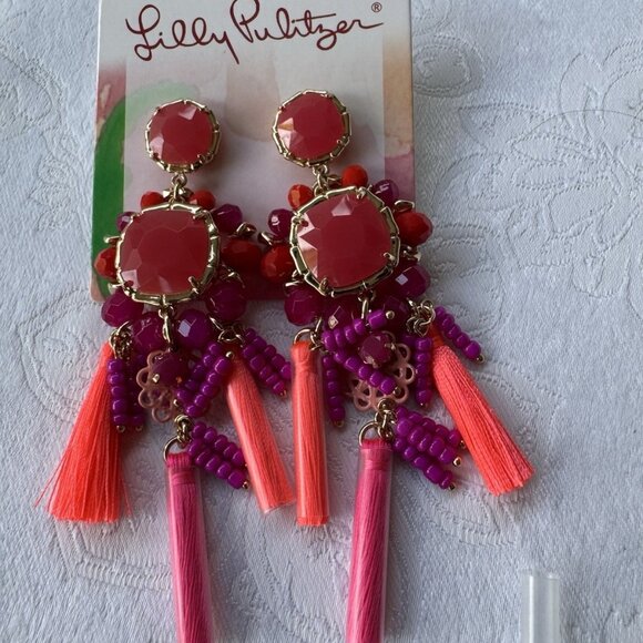 Lilly Pulitzer Goldtone Red Pink Bead Tassel Statement Necklace Earring SET NEW - Picture 4 of 14